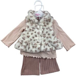 Little Lass Baby 3pc Cheetah Faux Fur Vest Long Sleeve Pant Set Pink Size 0-3M
